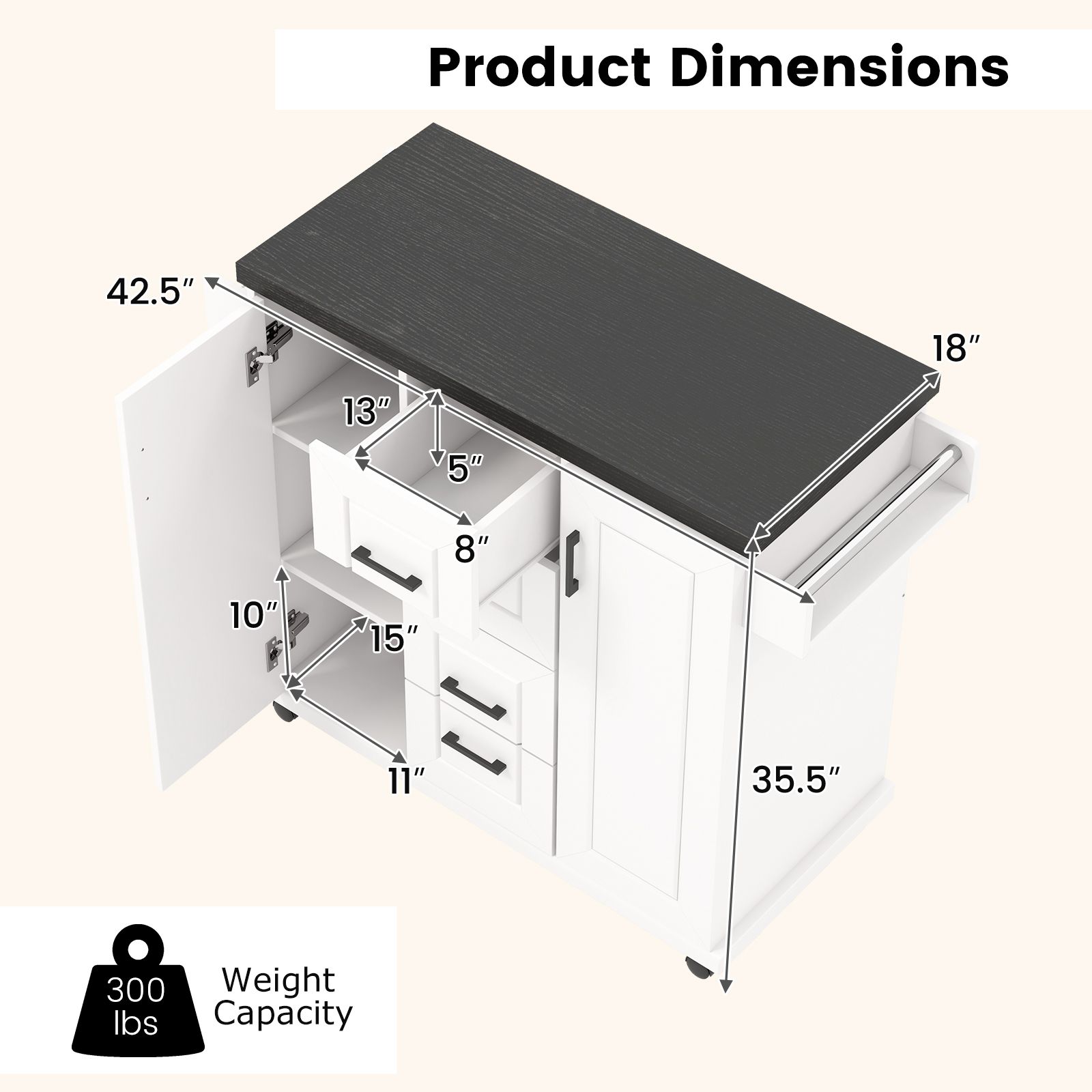 Rolling Kitchen Island Cart on Wheels, Storage Cabinets - White