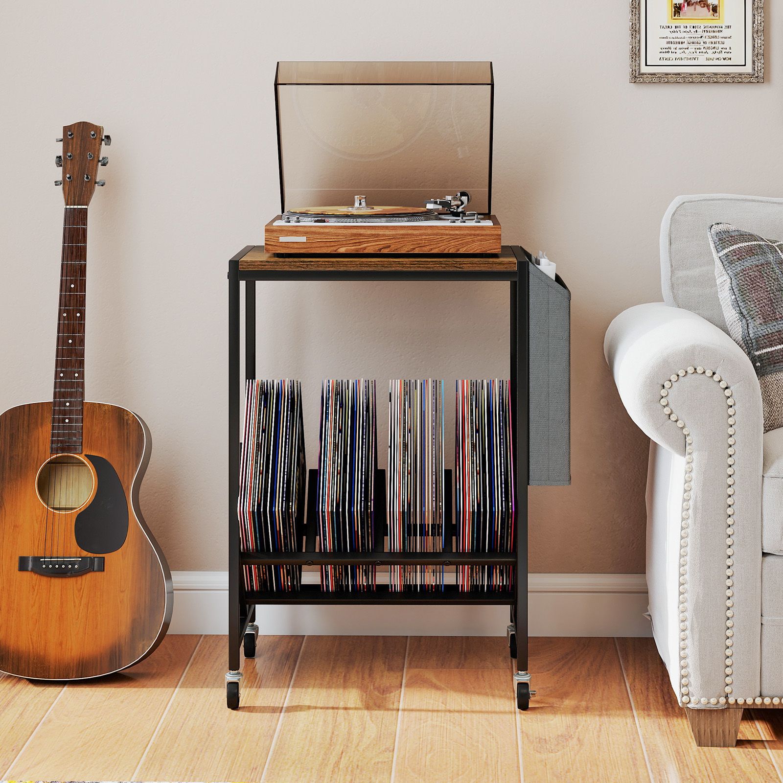 Meuble à platines à roulettes à 2 niveaux, rangement pour vinyles et sac porte-revues - Marron rustique