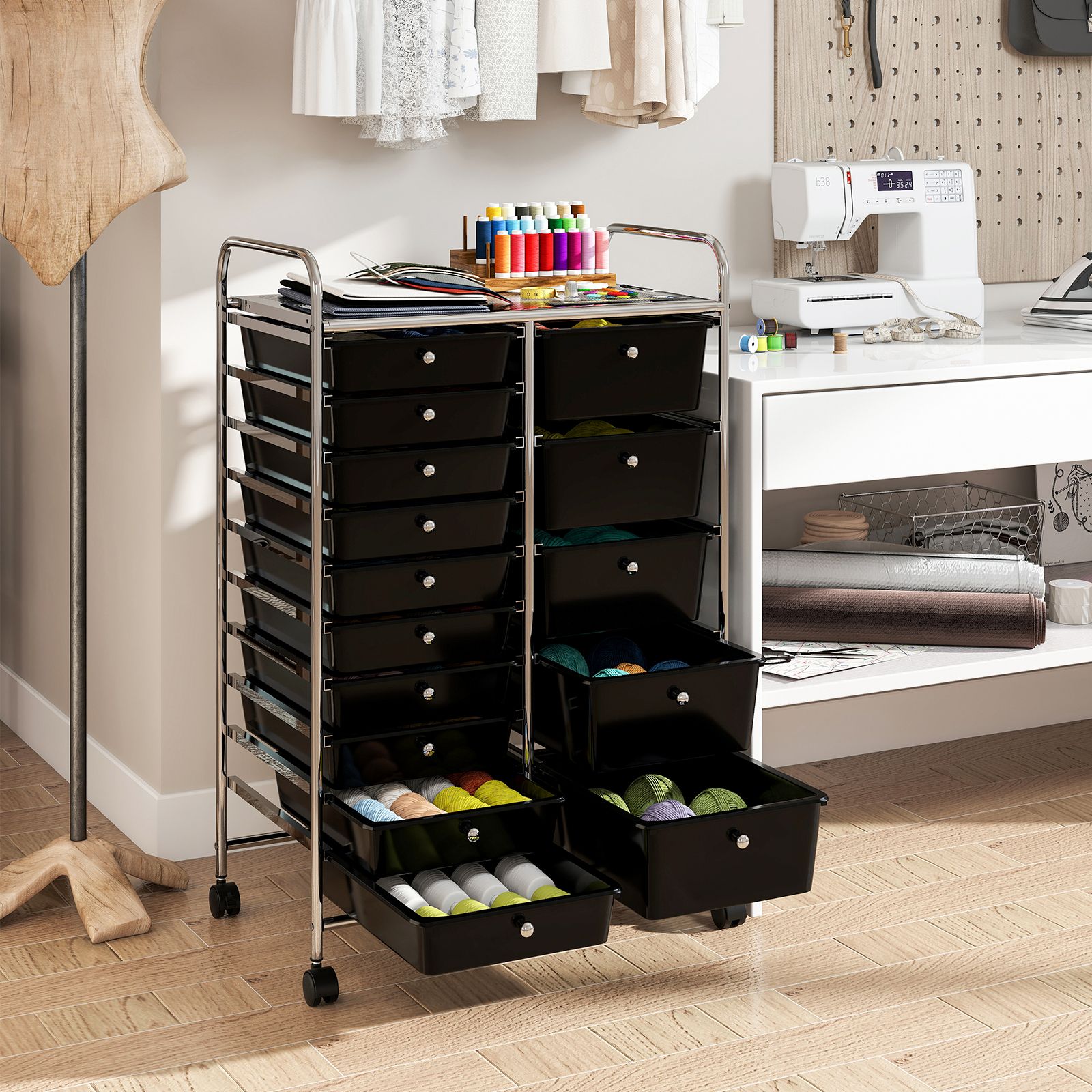 Rolling Storage Cart 15-Drawer Trolley, Chrome Plated Metal Frame