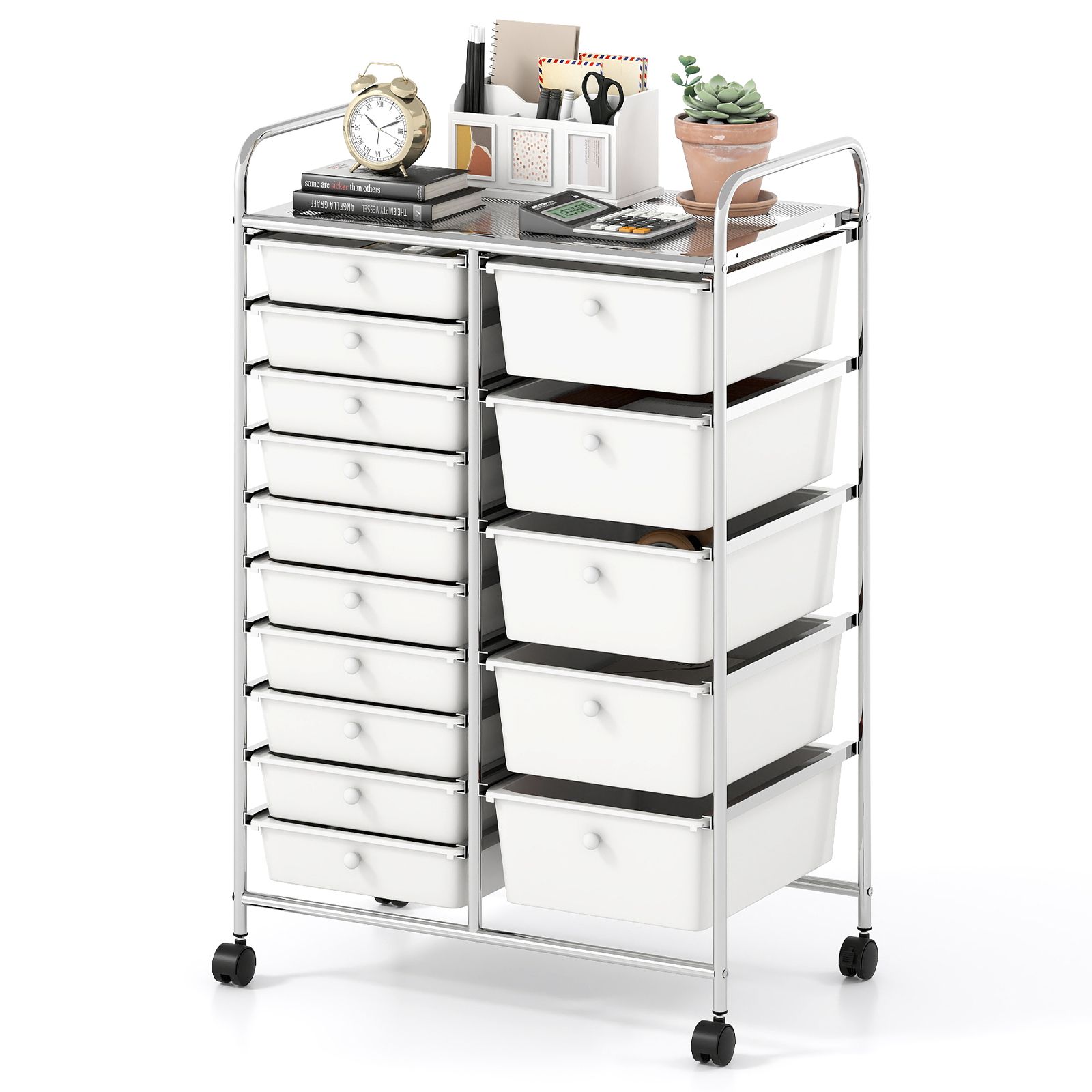 Rolling Storage Cart 15-Drawer Trolley, Chrome Plated Metal Frame