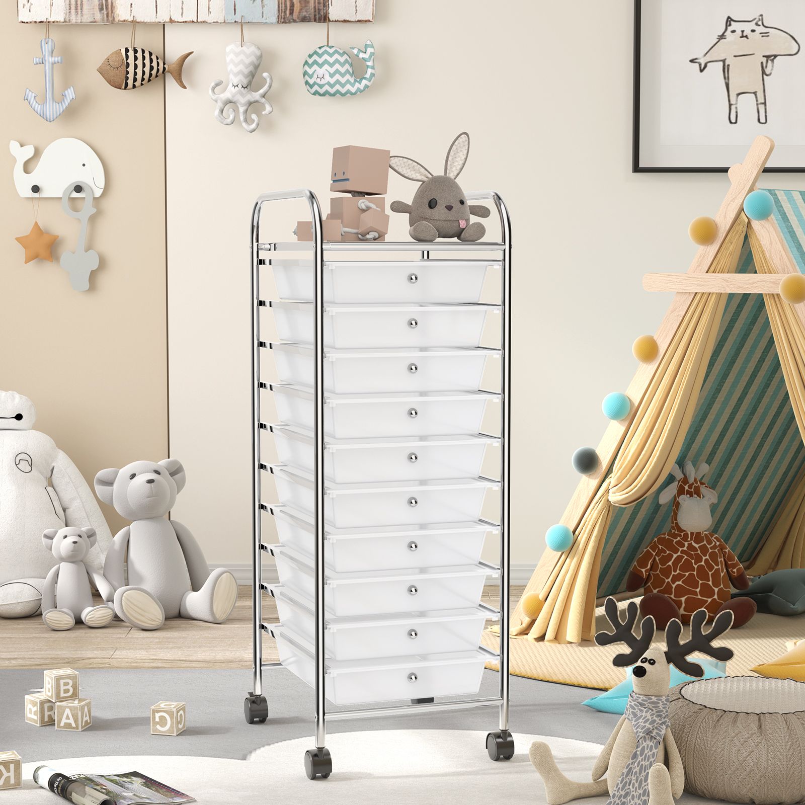 10 Drawer Rolling Storage Cart Organizer, 4 Universal Casters