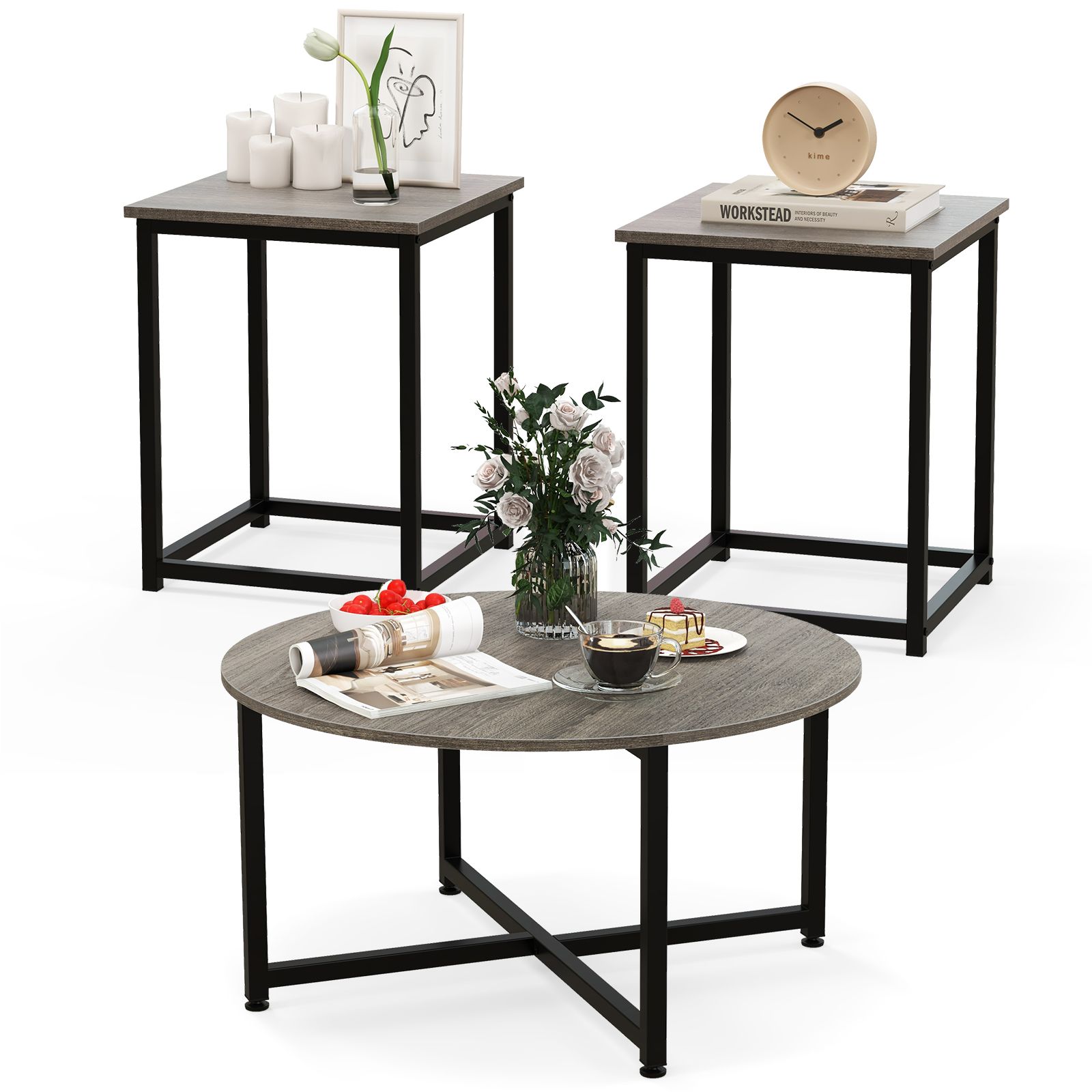 Ensemble de 3 tables basses : une table basse ronde et 2 tables d'appoint carrées - Gris