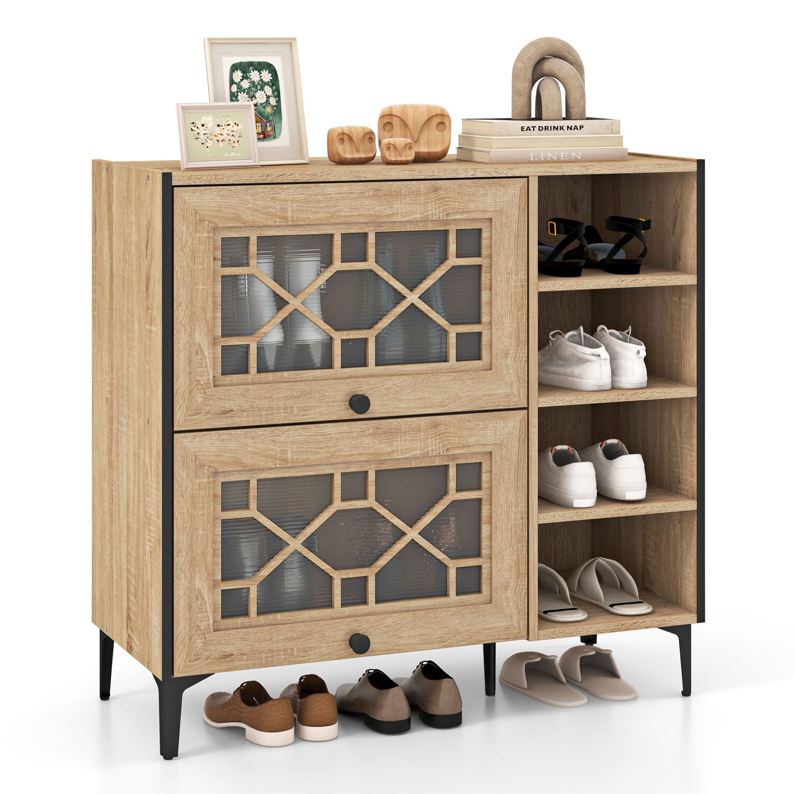 Rustic Shoe Cabinet, Flip-up See-through Doors and Adjustable Shelves - Oak