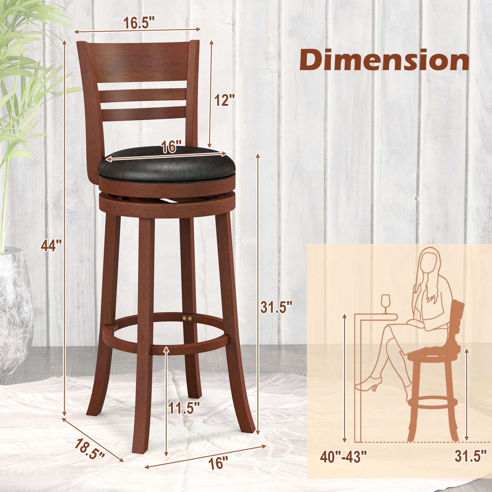 360° Bar Stools with PU Upholstered Seats, Set of 2