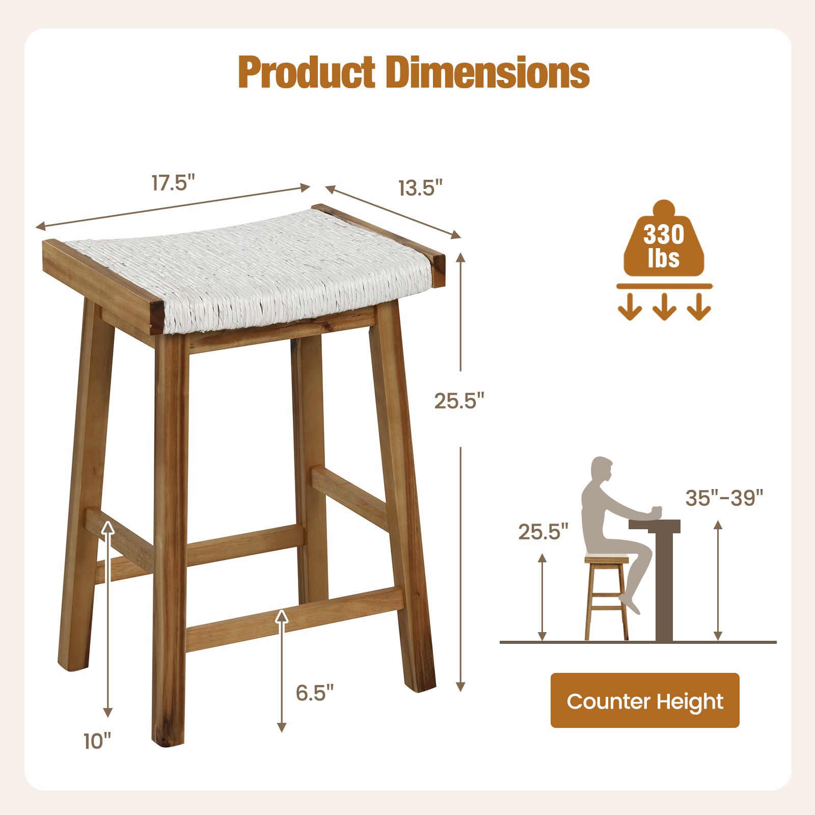 Ensemble de 2 tabourets de bar de 65 cm, assise tressée en algues