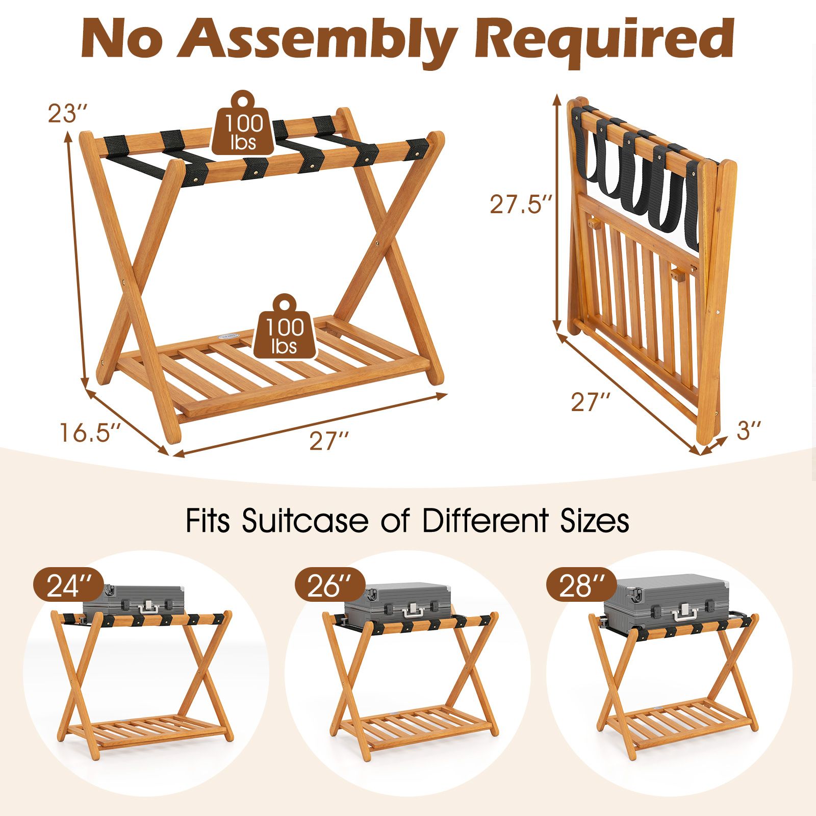 Set of 2 Folding Luggage Racks, 5 Nylon Straps and Slatted Storage Shelf