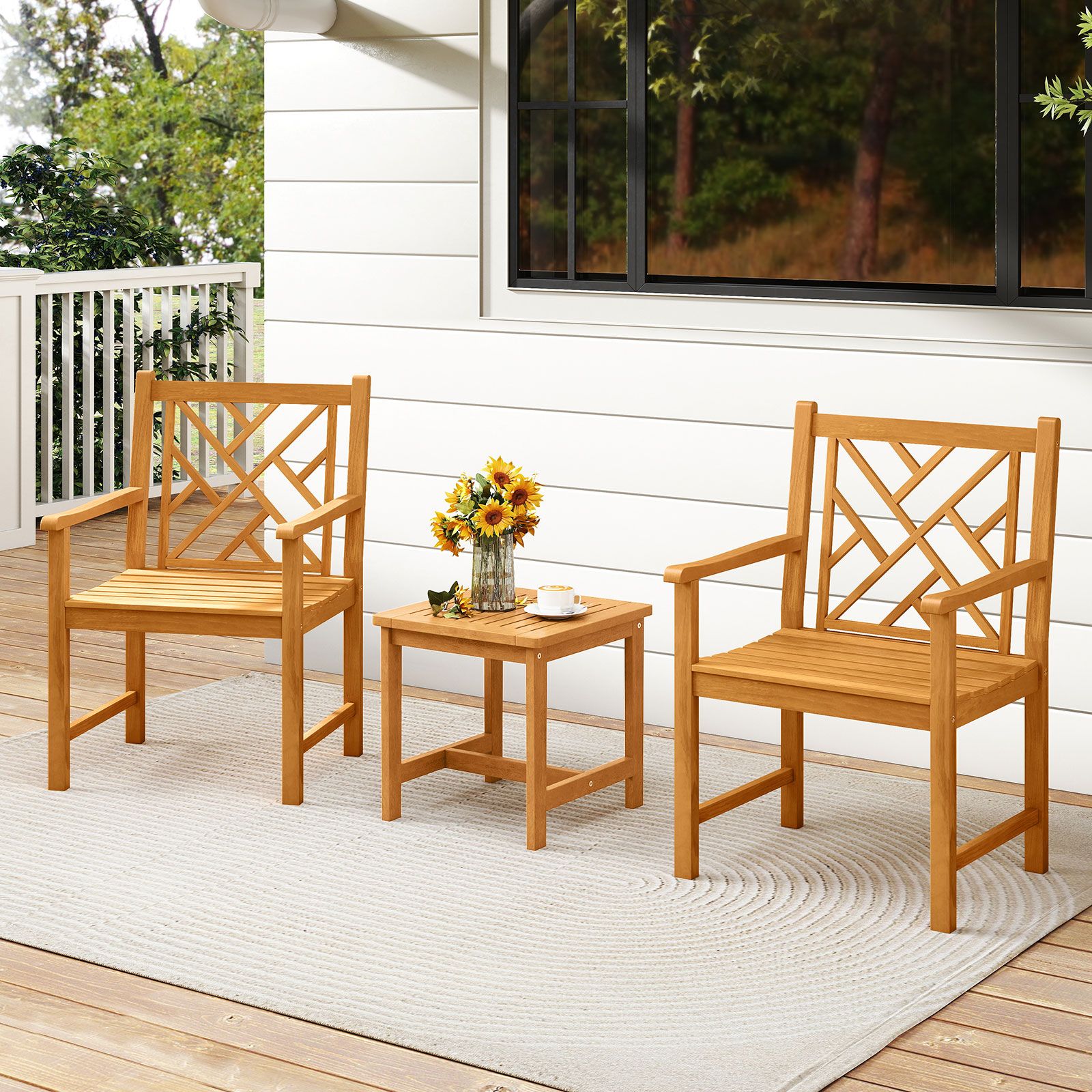 Set of 2 Outdoor Dining Chairs Acacia Wood, Cross-Pattern Backrest