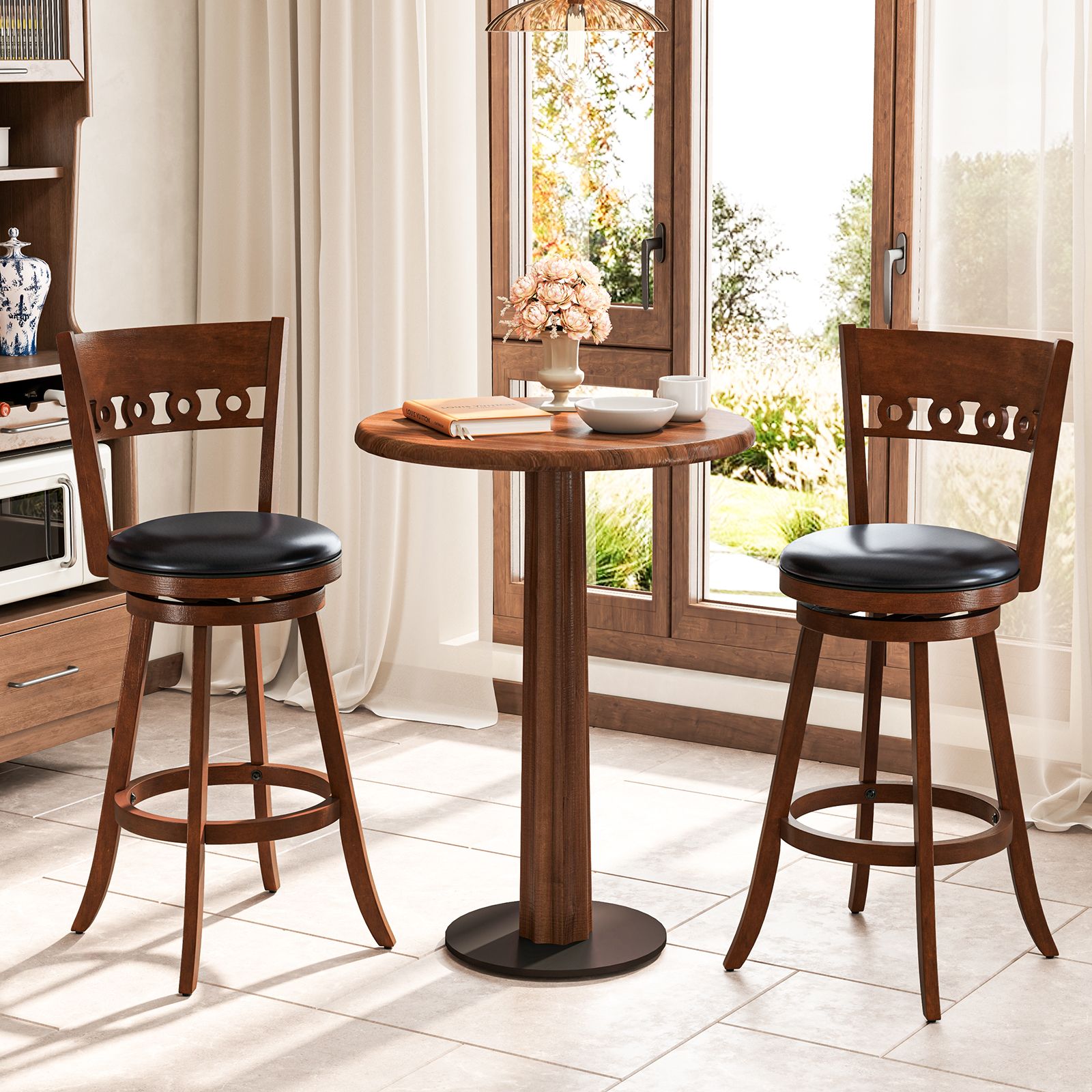 Ensemble de 2 tabourets de bar pivotants, structure en bois d'hévéa - 77,5 cm