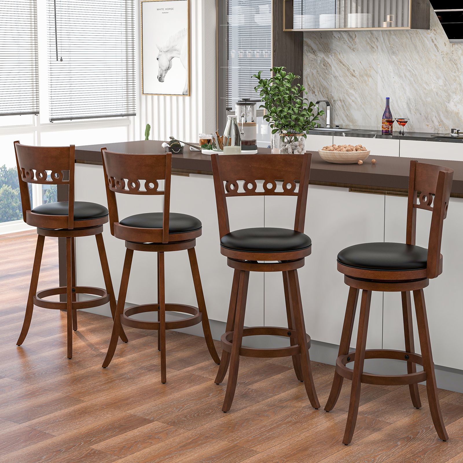 Set of 2 Swivel Bar Stools, Rubber Wood Frame - 30.5"