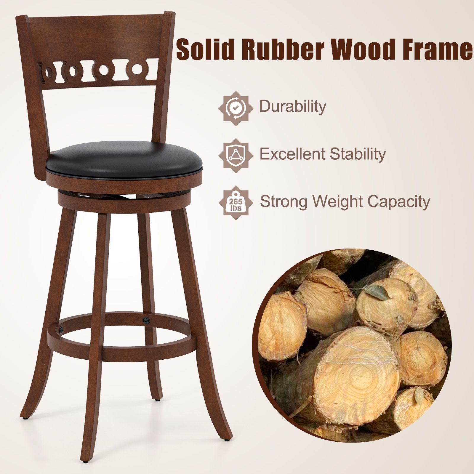 Set of 2 Swivel Bar Stools, Rubber Wood Frame - 30.5"