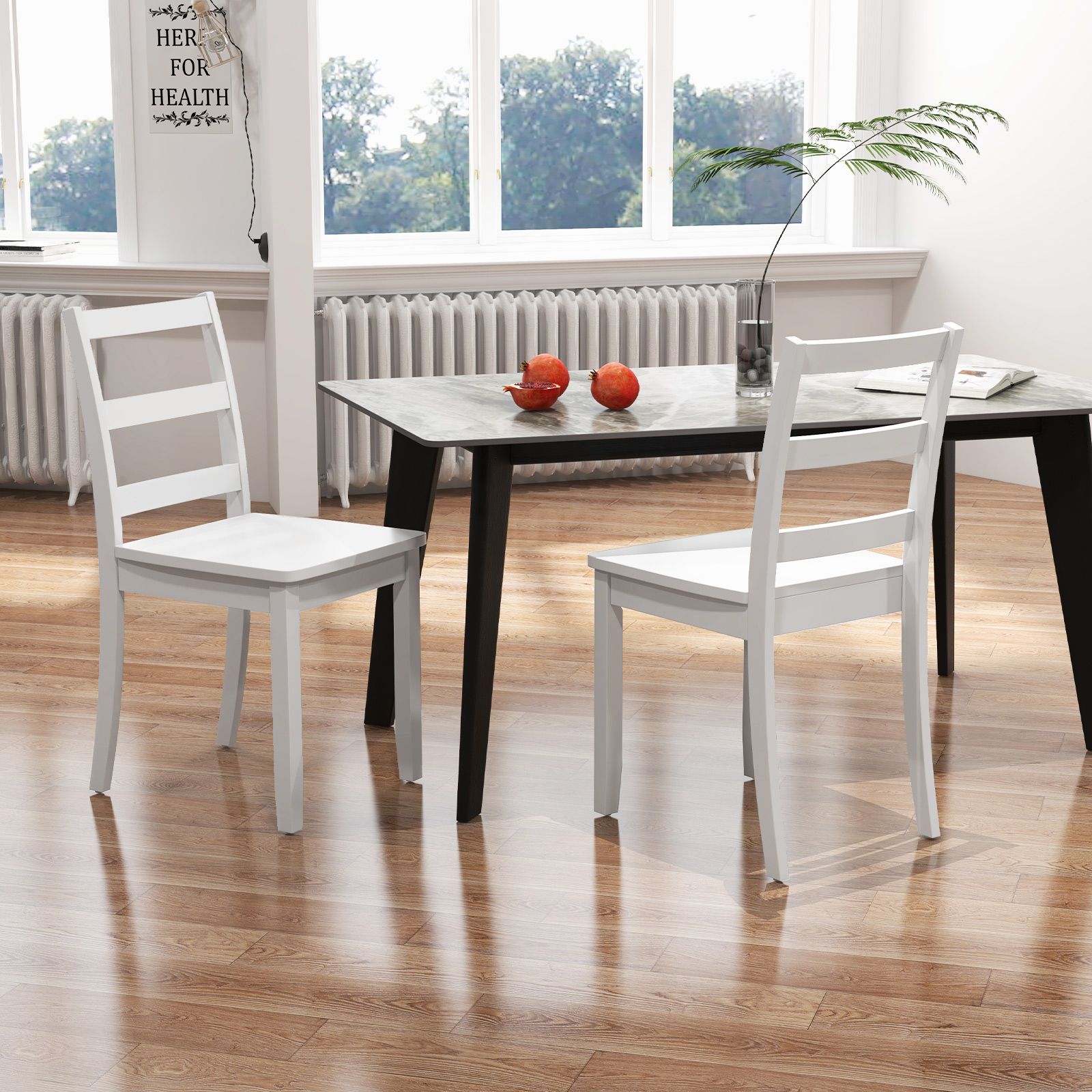 Set of 2 Wood Dining Chairs, Solid Rubber Wood Legs - White