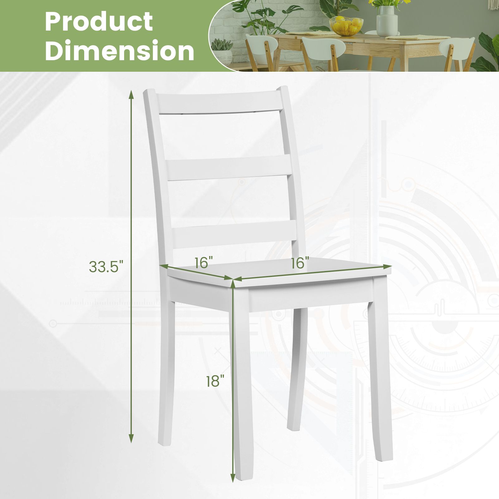 Set of 2 Wood Dining Chairs, Solid Rubber Wood Legs - White