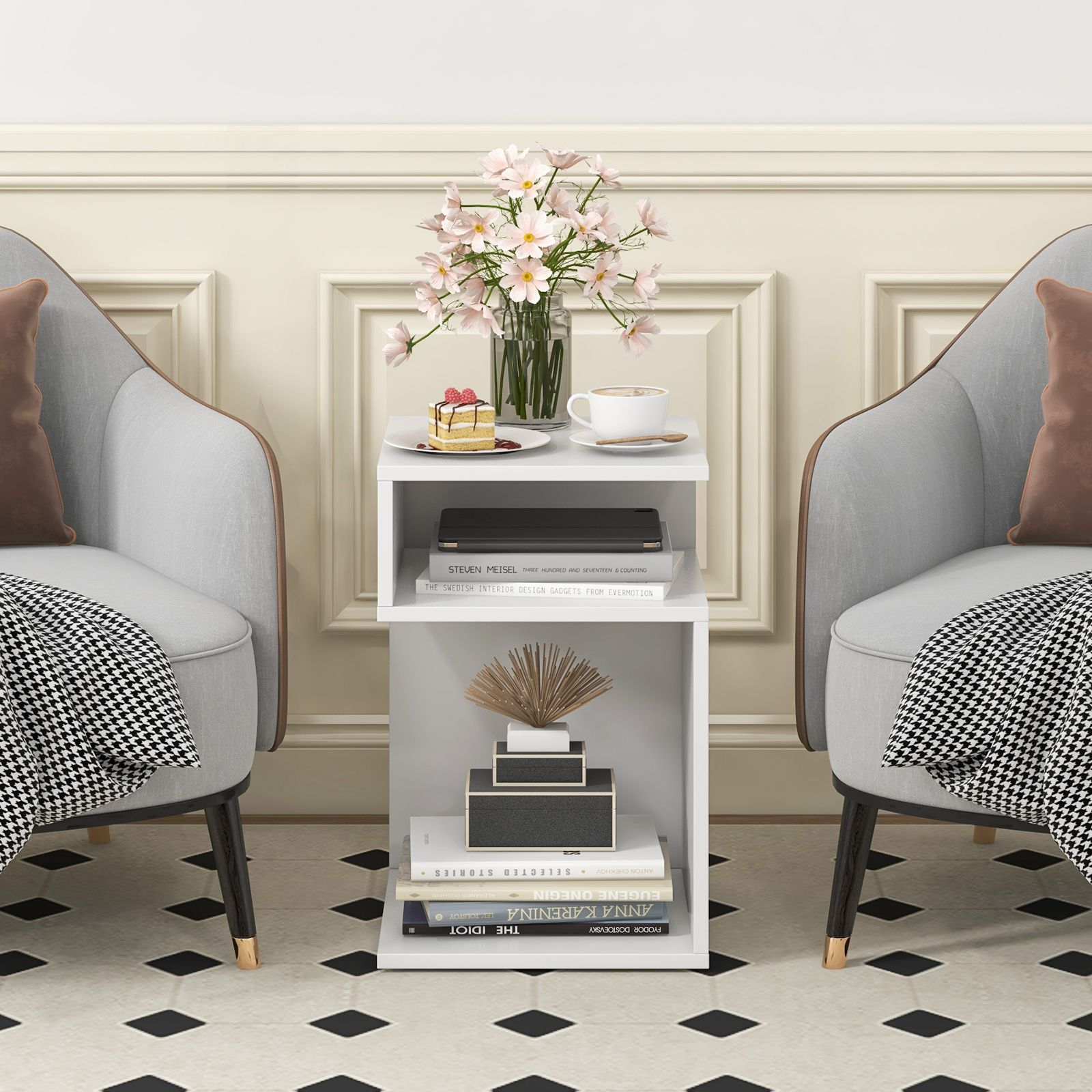S-Shaped Side Table, Unique S-shaped Frame and 2 Open Compartments - White