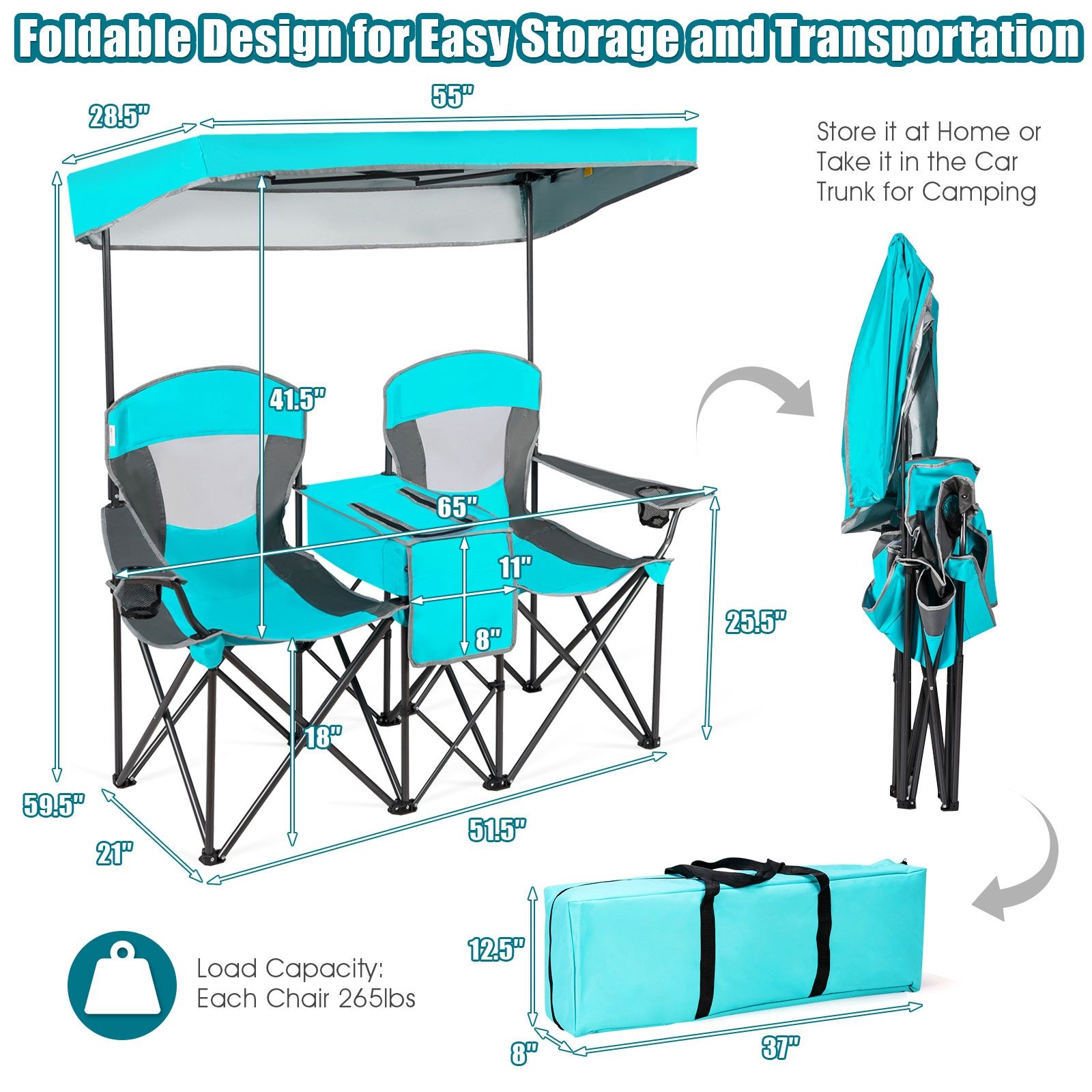 Chaises de camping pliantes portables, auvent et porte-gobelets, Turquoise
