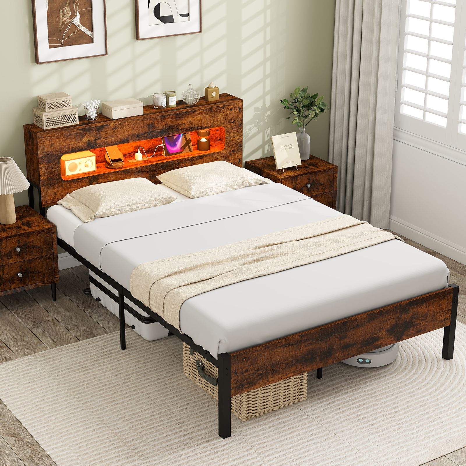 Slatted Full Bed Frame, LED Lights and Storage Headboard No Box Spring Needed - Full Size
