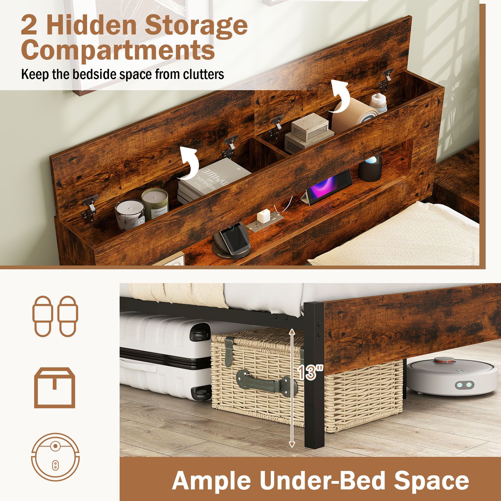 Slatted Full Bed Frame, LED Lights and Storage Headboard No Box Spring Needed - Full Size
