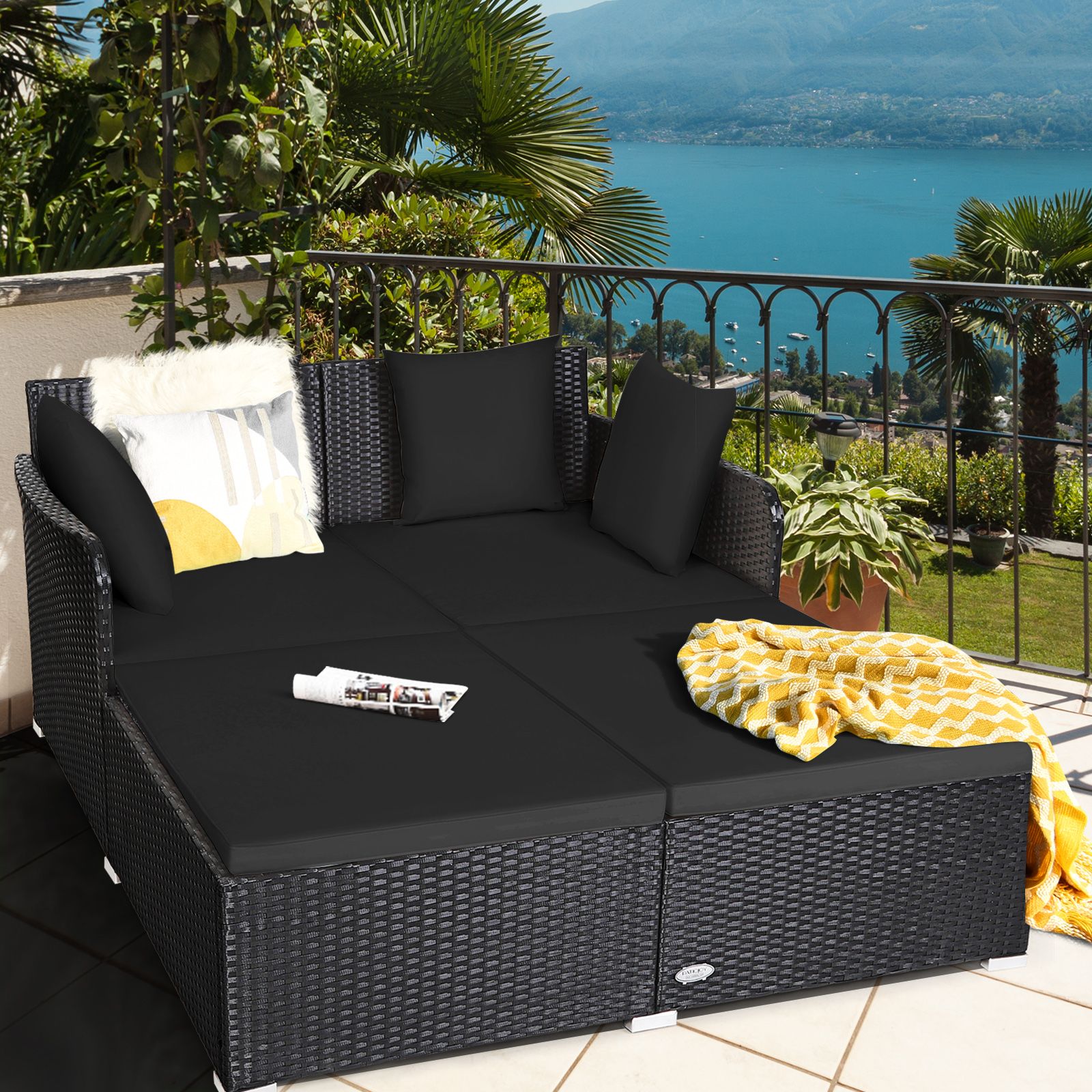 Spacious Outdoor Rattan Daybed, Upholstered Cushions and Pillows - Black