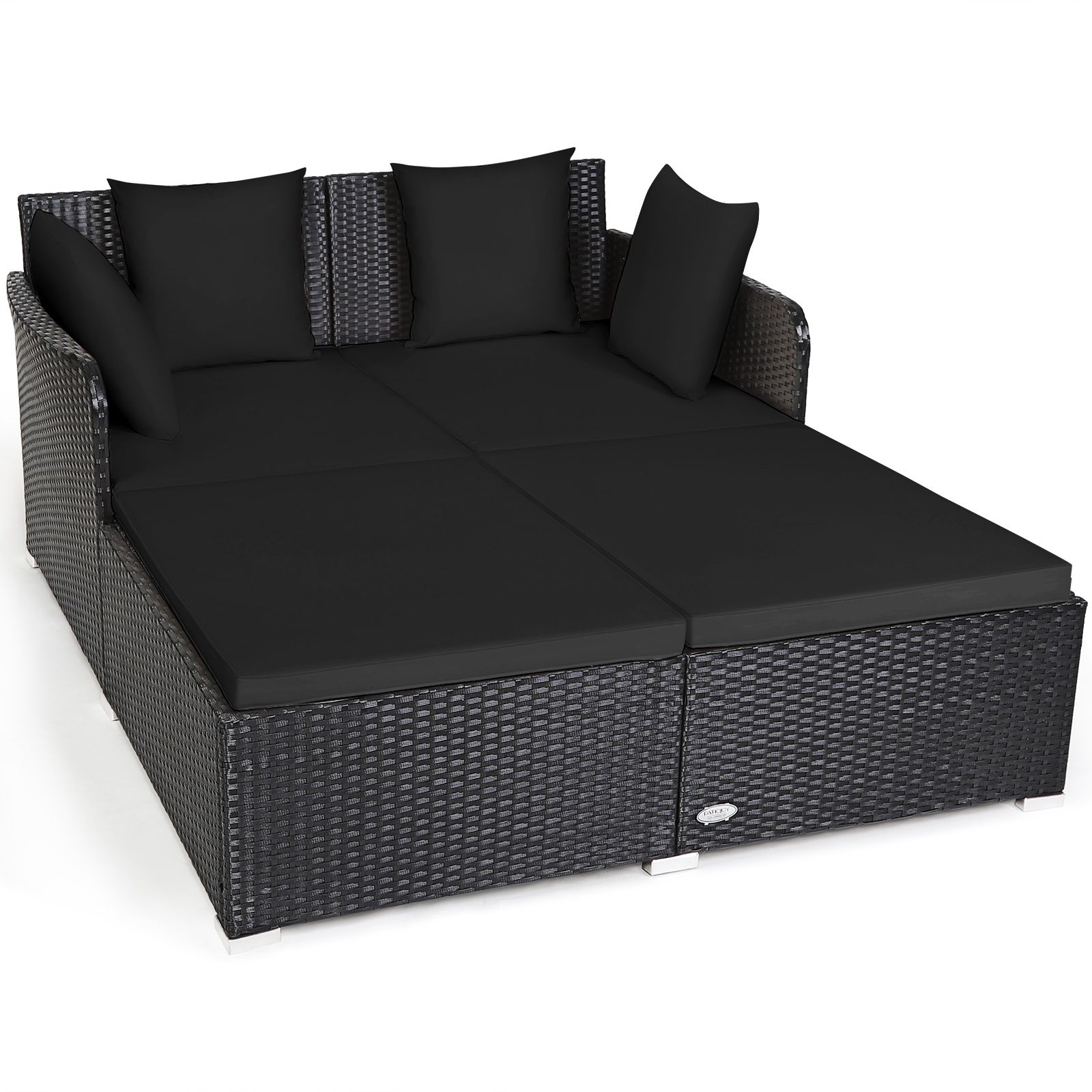 Spacious Outdoor Rattan Daybed, Upholstered Cushions and Pillows - Black