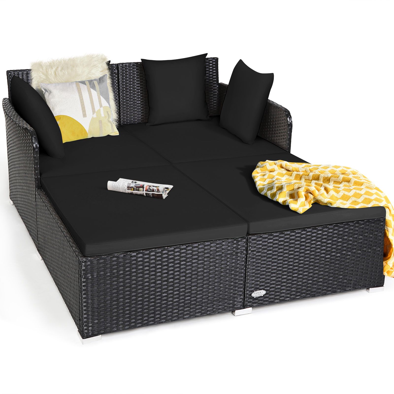 Spacious Outdoor Rattan Daybed, Upholstered Cushions and Pillows - Black