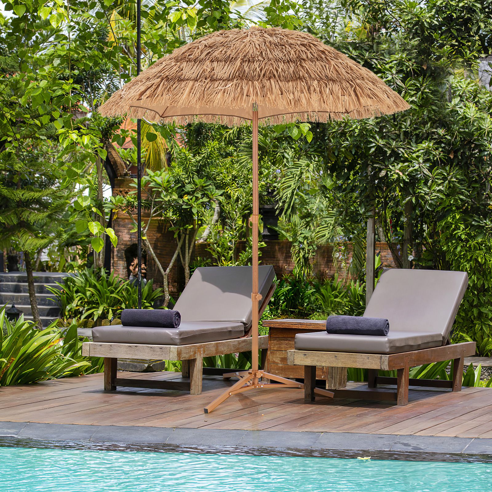 6.5 Feet Thatched Tiki Umbrella, Foldable Stand Push Button Tilt - Natural