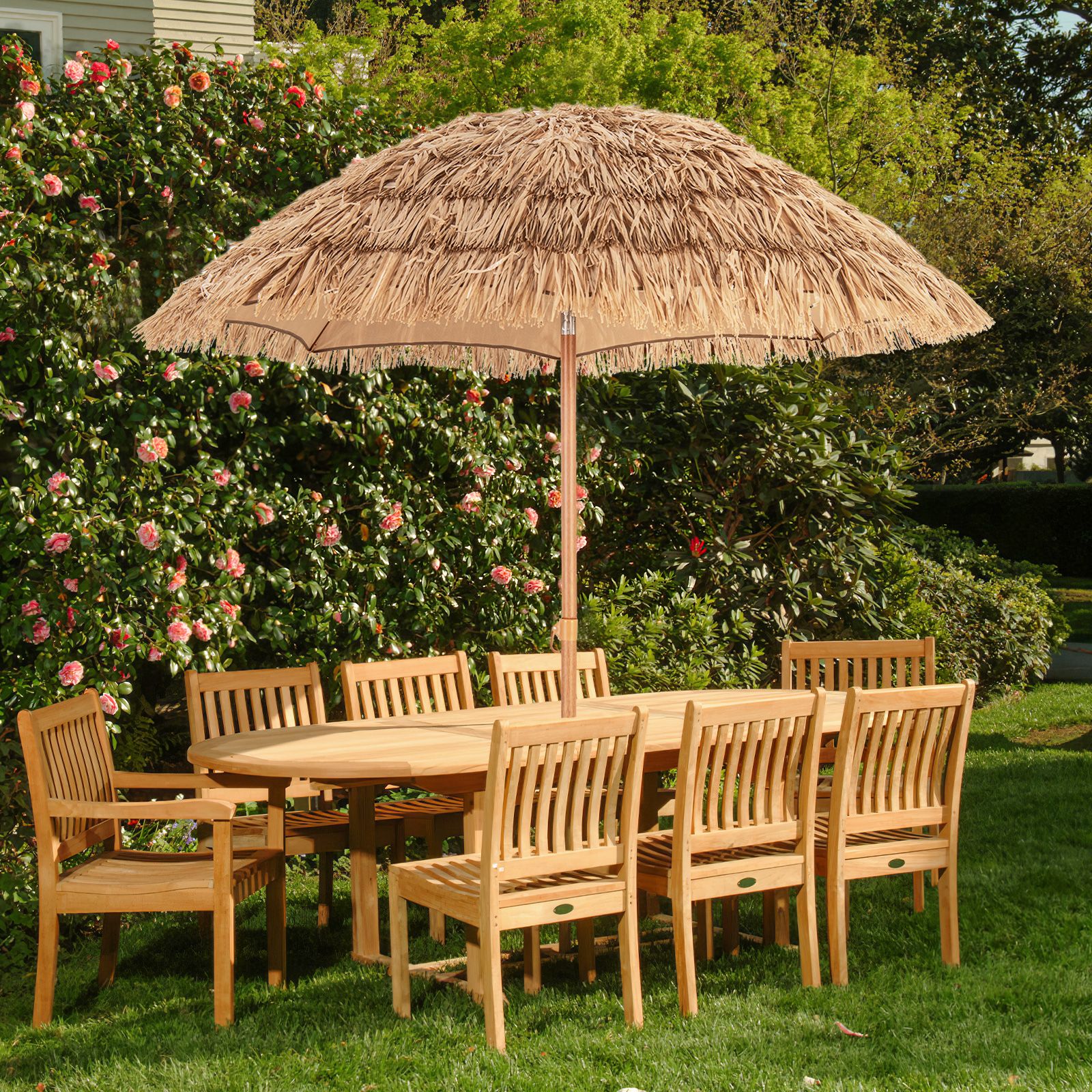 6.5 Feet Thatched Tiki Umbrella, Foldable Stand Push Button Tilt - Natural