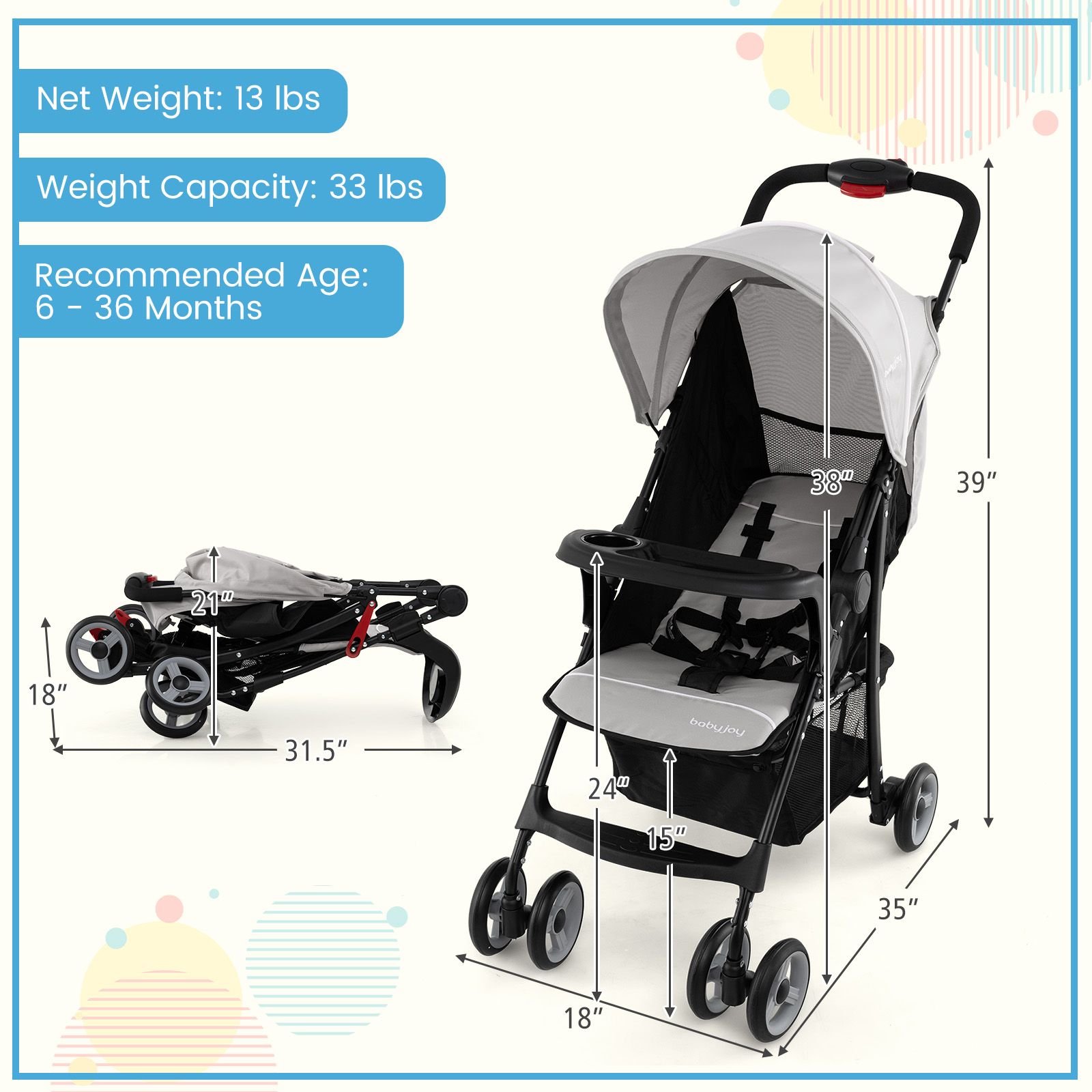 Toddler Travel Stroller for Airplane, Canopy and Adjustable Backrest