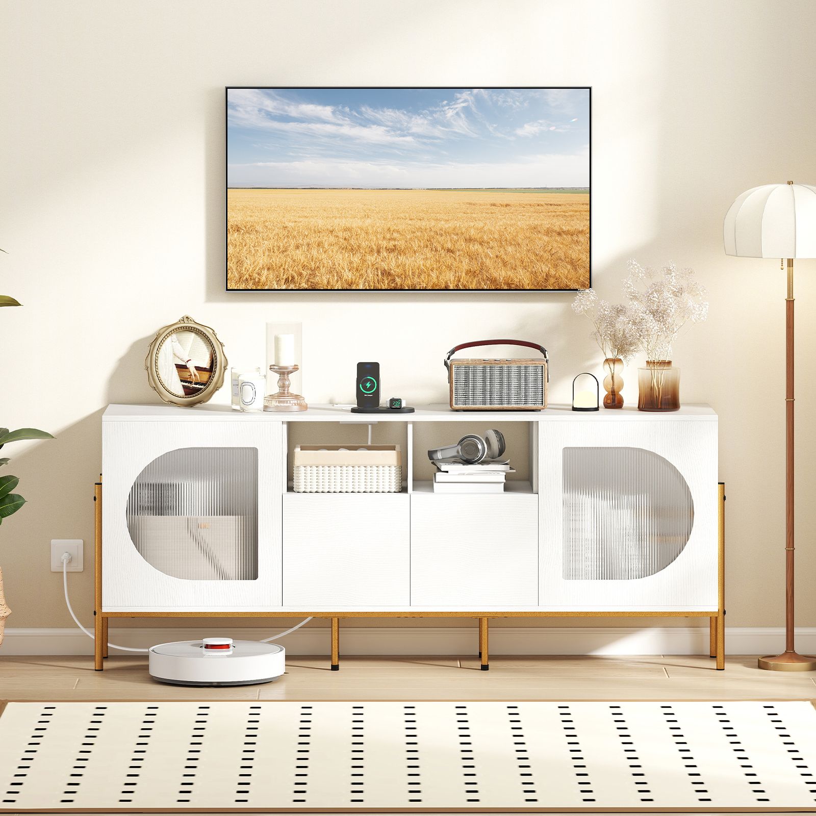 TV Stand for 70" TV, Power Outlets Drawers and Open Shelves - White