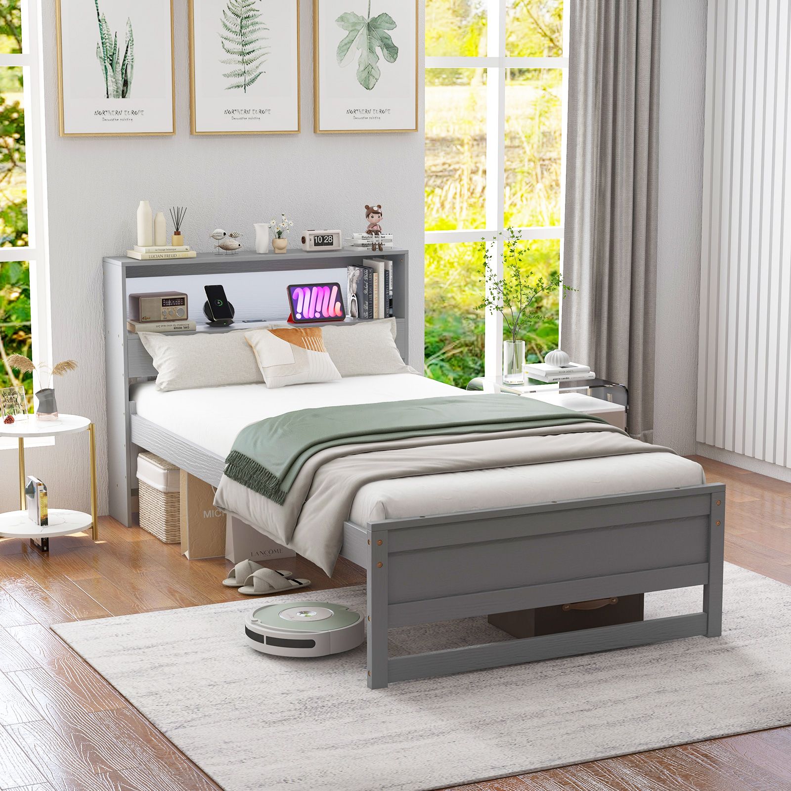 Twin Bed Frame, Storage Headboard and Charging Station
