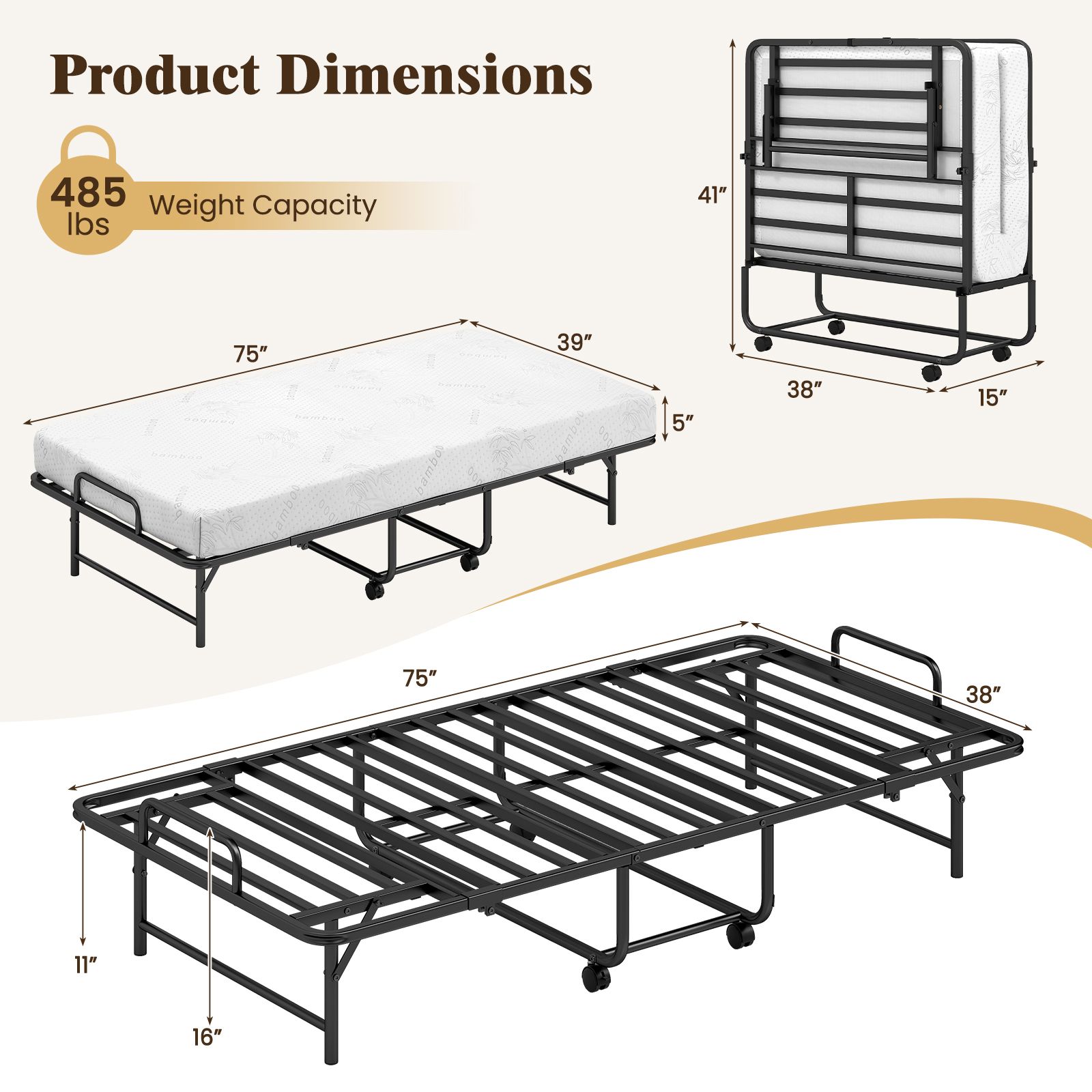 Twin Size Folding Bed, 5-Inch Mattress Rollaway Guest Bed with Memory Foam Mattress