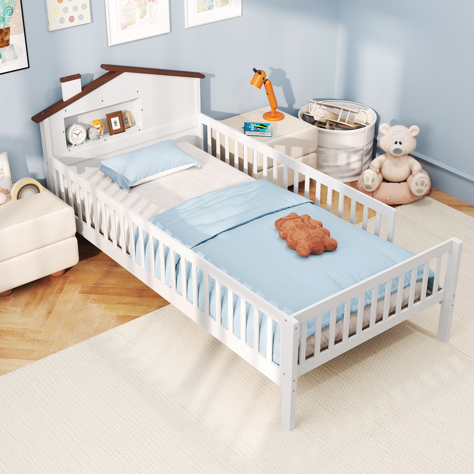 Twin Kids Montessori Bed, House-Shaped Headboard and Built-in Storage Shelf