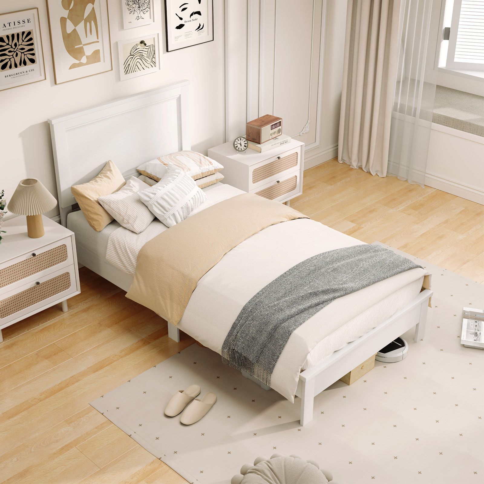 Twin Size Wooden Bed Frame, Headboard and Slat Support - White