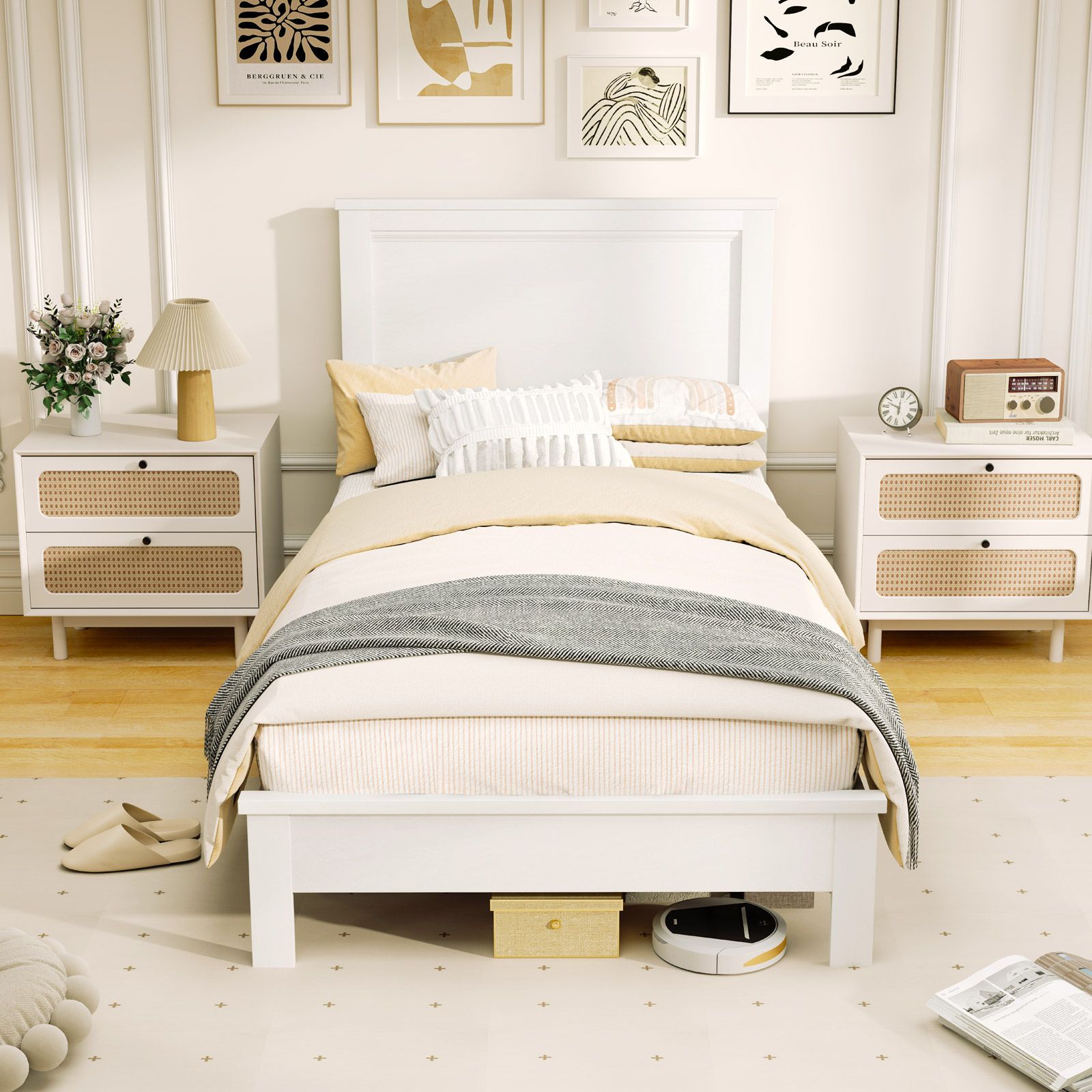 Twin Size Wooden Bed Frame, Headboard and Slat Support - White
