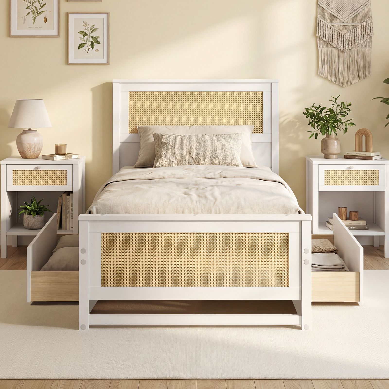 Twin Size Rattan Bed Frame, Storage Drawers - White