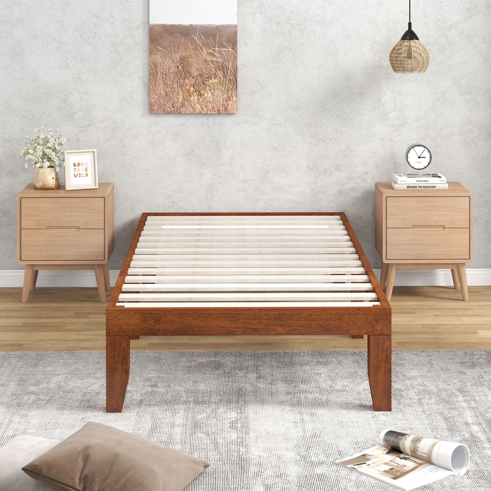 Twin Rubber Wood Platform Bed Frame, Slat Support