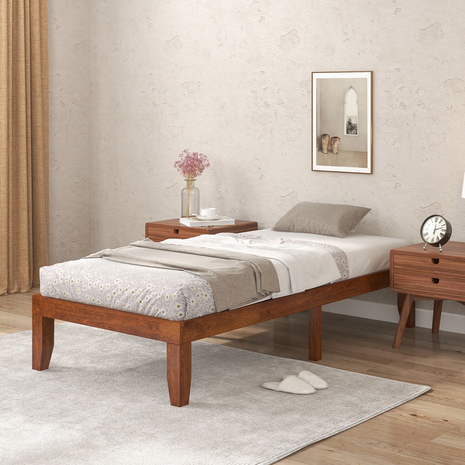 Twin Rubber Wood Platform Bed Frame, Slat Support