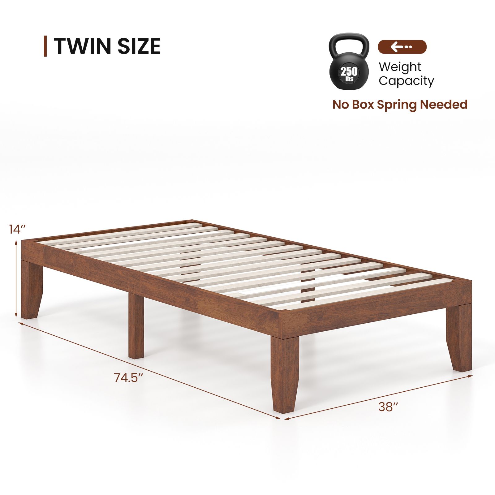 Twin Rubber Wood Platform Bed Frame, Slat Support