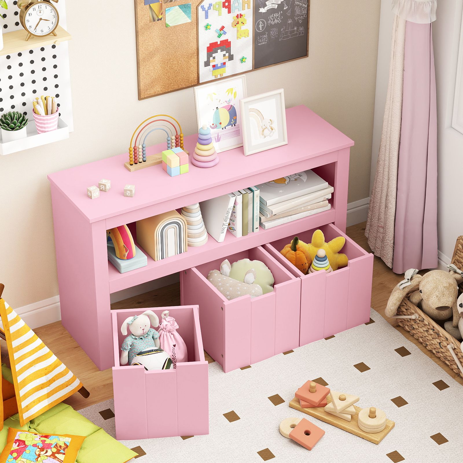 Kid Toy Storage Cabinet Drawer Chest, Wheels and Large Cube Shelf
