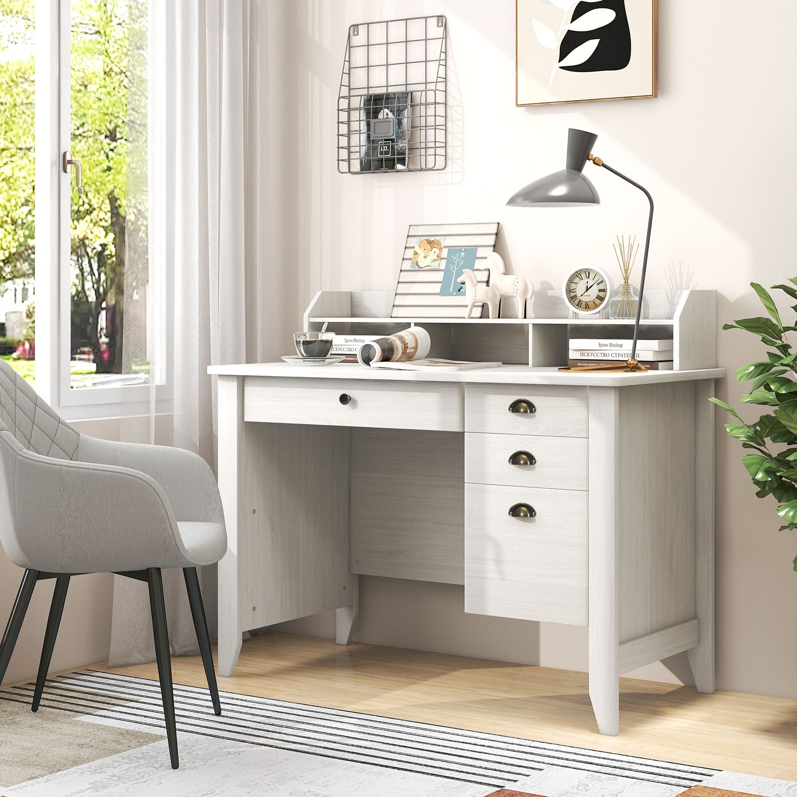 Bureau d'ordinateur vintage, étagères de rangement et 4 tiroirs - Blanc