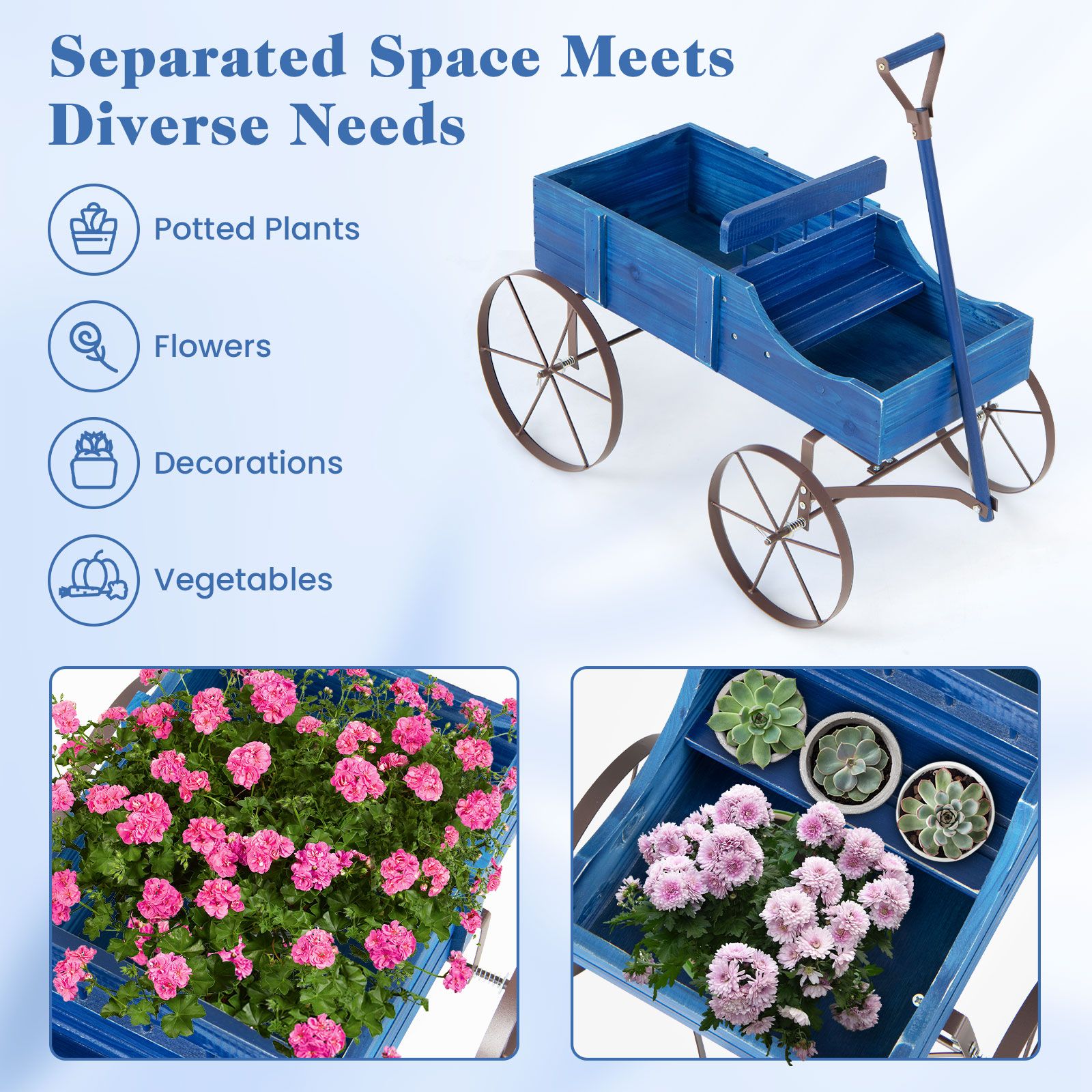 Wooden Wagon Plant Bed, Metal Wheels for Garden