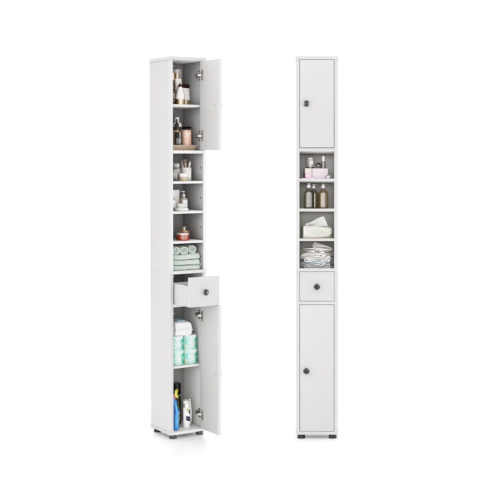 Freestanding Slim Bathroom Cabinet with Drawer and Adjustable Shelves