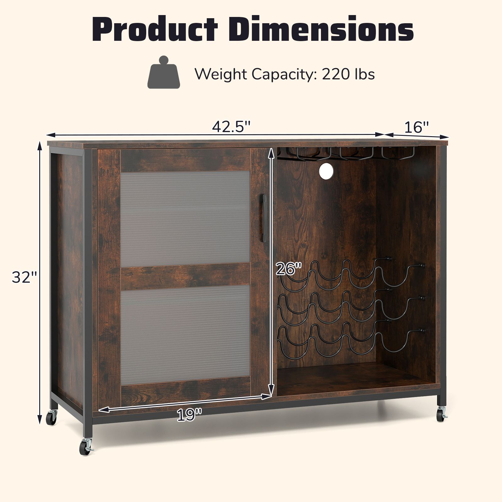 Wine Bar Cabinet, LED Light and Adjustable Shelves - Rustic Brown