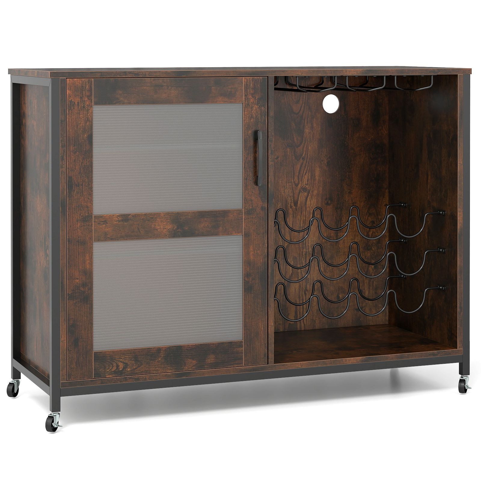Wine Bar Cabinet, LED Light and Adjustable Shelves - Rustic Brown