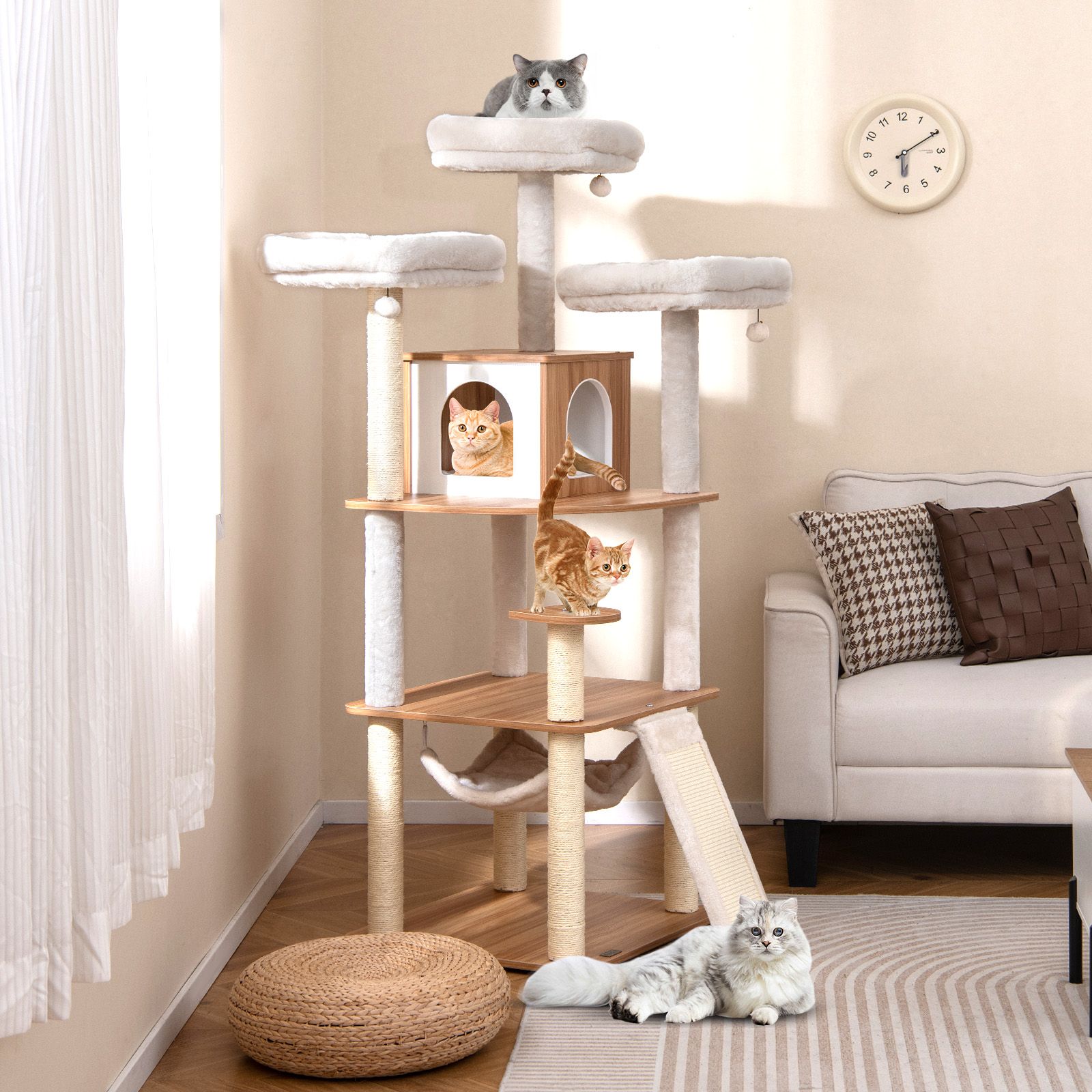 68" Tall Cat Tree, 3 Padded Perches Condo and Sisal Scratching Posts - Natural