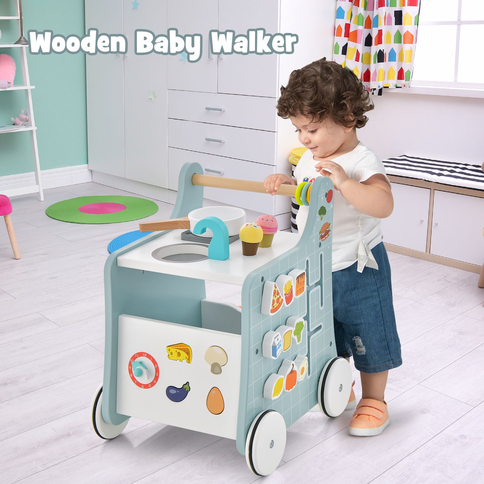 Poussette en bois 6 en 1, cuisine jouet pour enfants de plus de 12 mois - Bleu