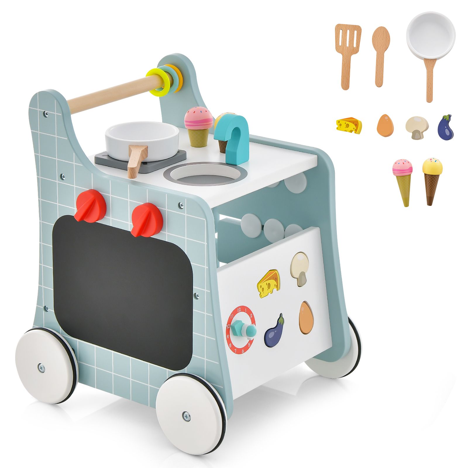 Poussette en bois 6 en 1, cuisine jouet pour enfants de plus de 12 mois - Bleu