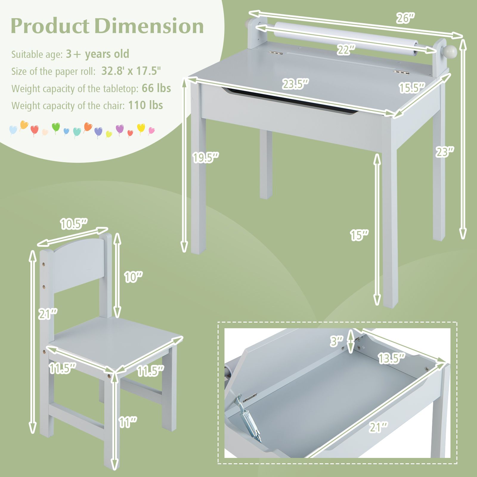 Ensemble de table et de chaises en bois pour enfants, rangement et porte-rouleau de papier - Gris