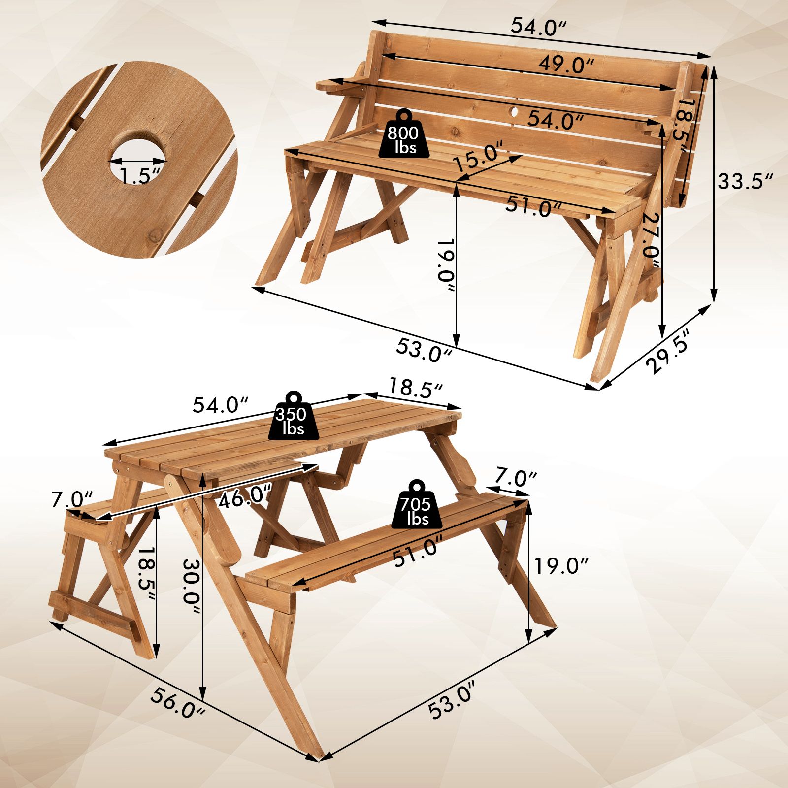 Banc de pique-nique en bois transformable 2-en-1, trou pour parasol - Naturel
