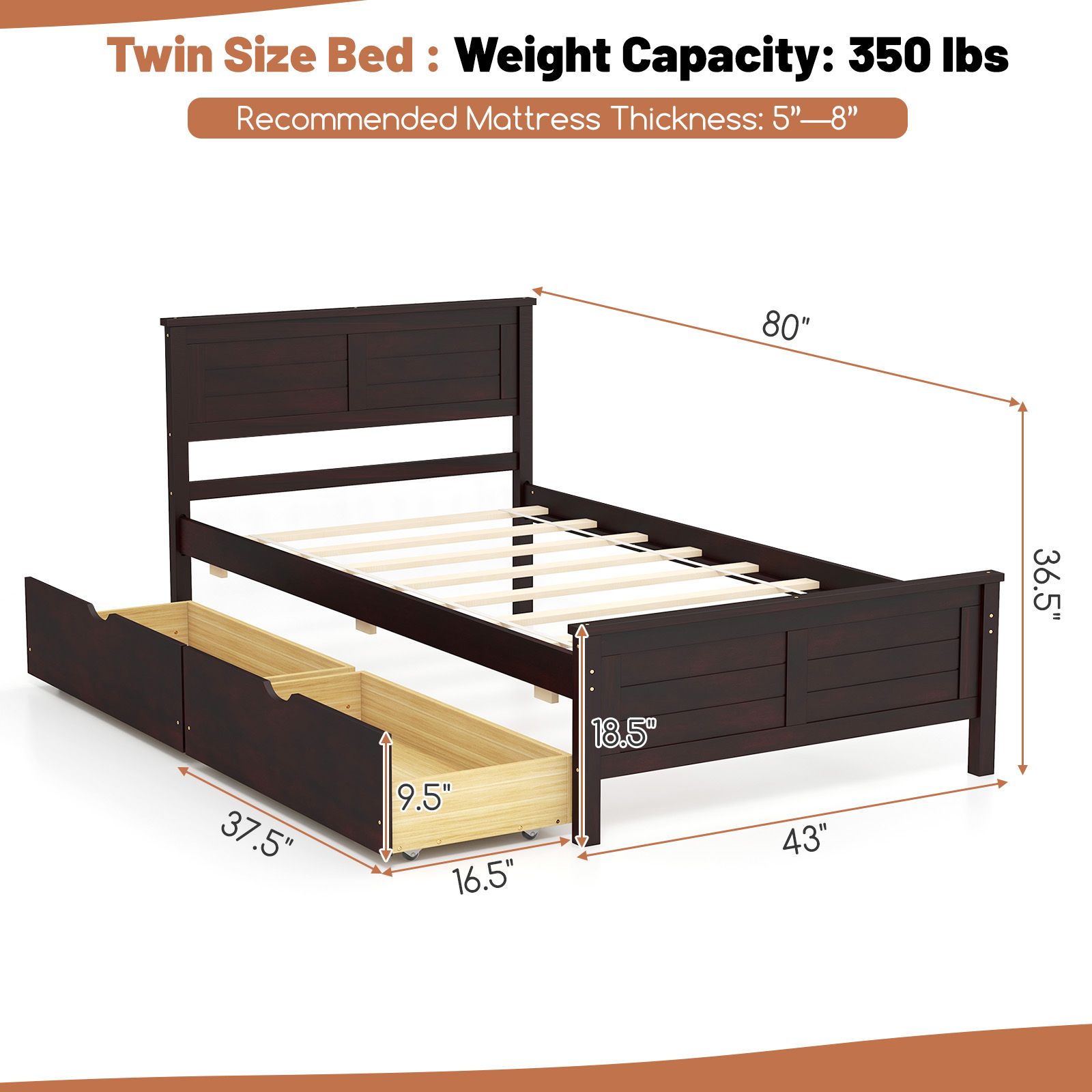 Twin Bed Frame, Storage Drawers