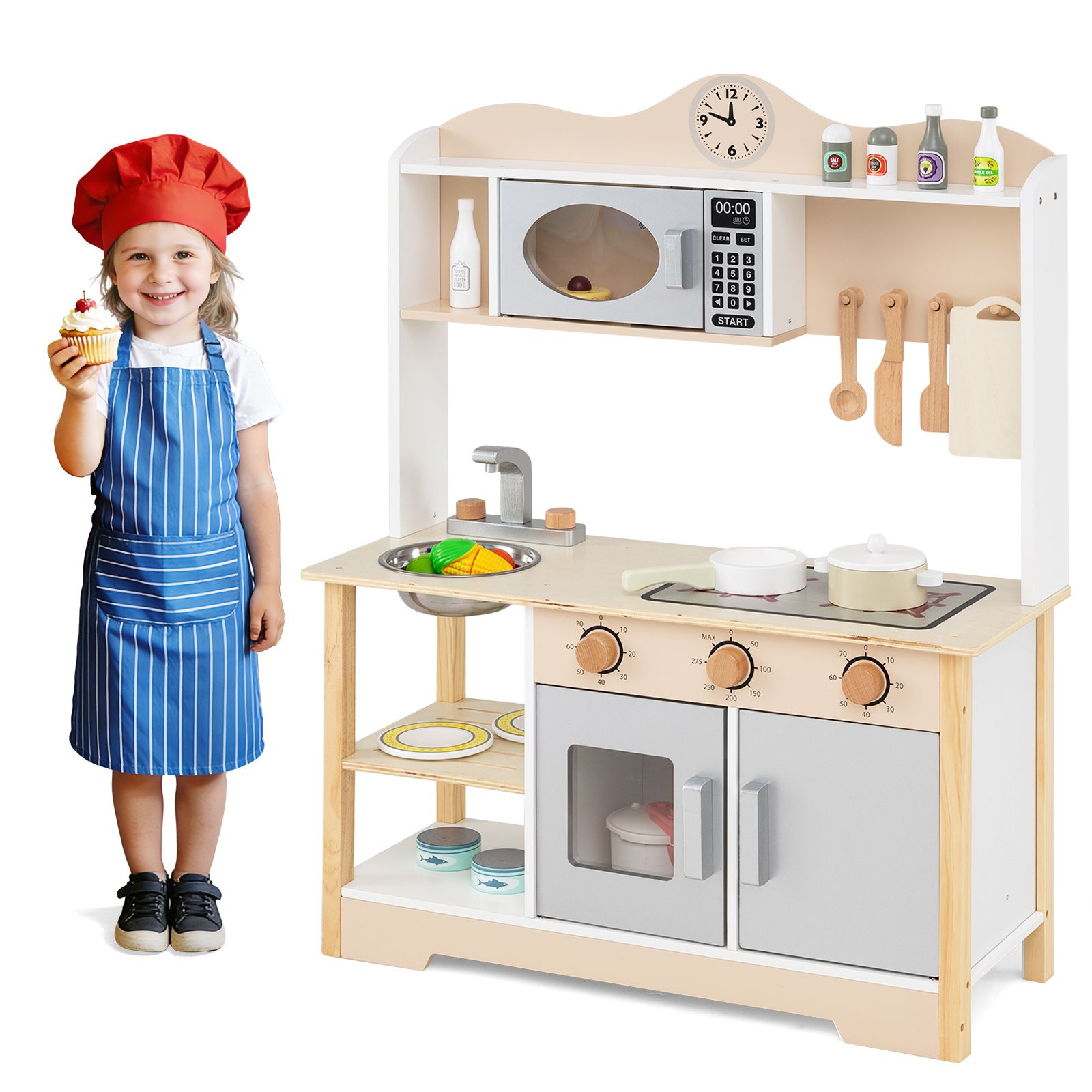 Wooden Play Kitchen Cooking Toy Playset, For Kids - White