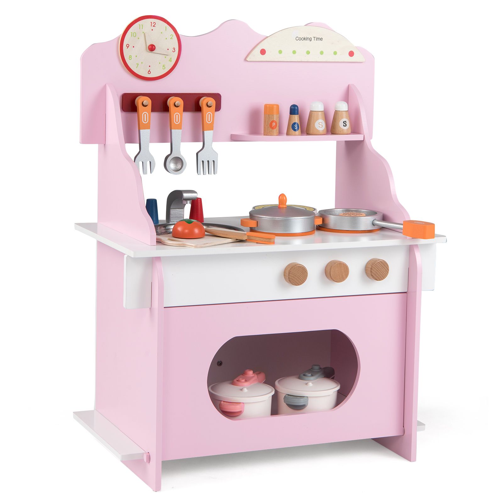 Cuisine en bois pour enfants, ensemble de cuisine pour jeux de rôle, horloge, cadeau pour garçons et filles de 3 ans et plus - Rose